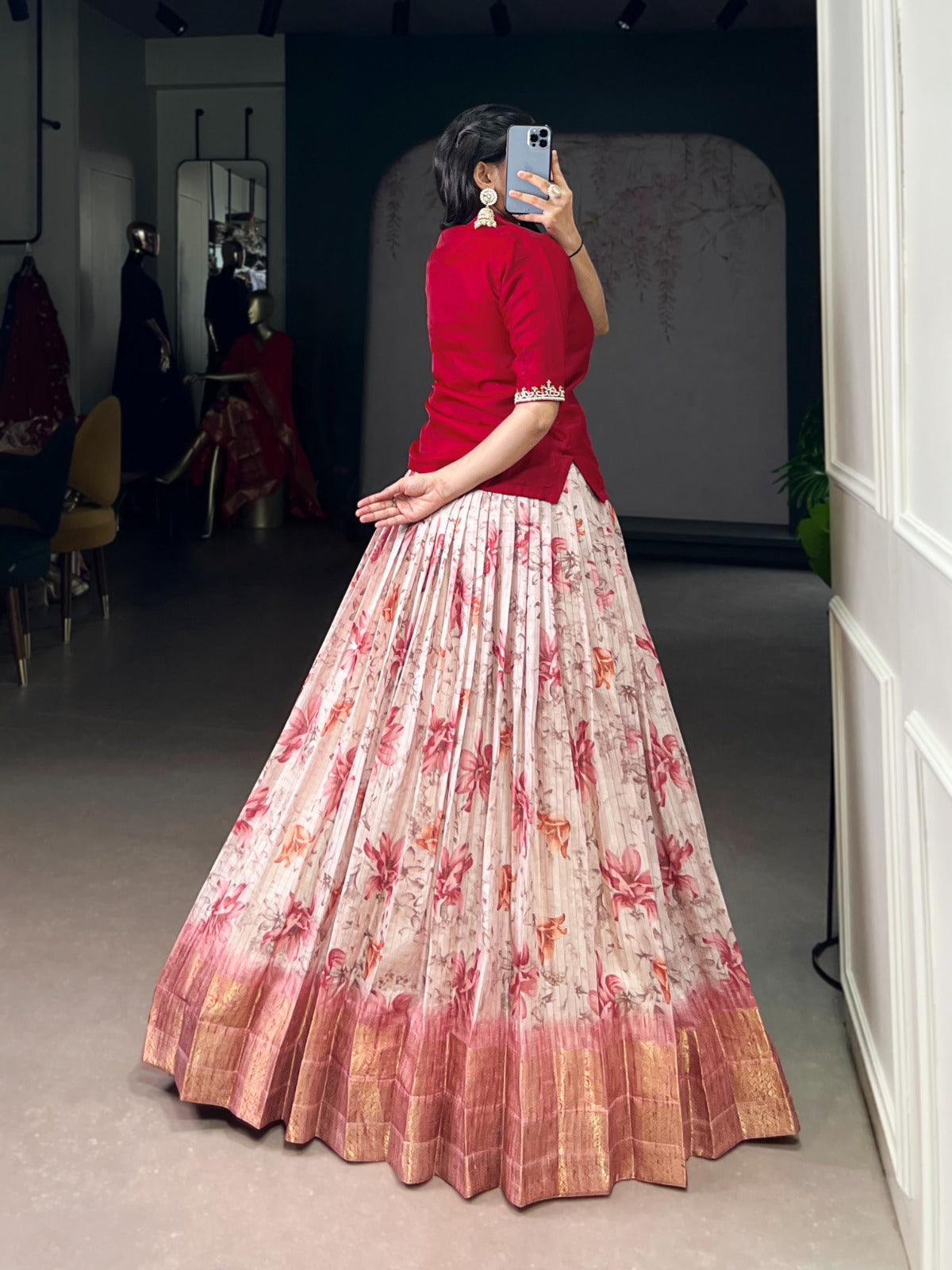 Dola Chex Floral Printed With Zari Weaving Work Co-ord Set Lehenga