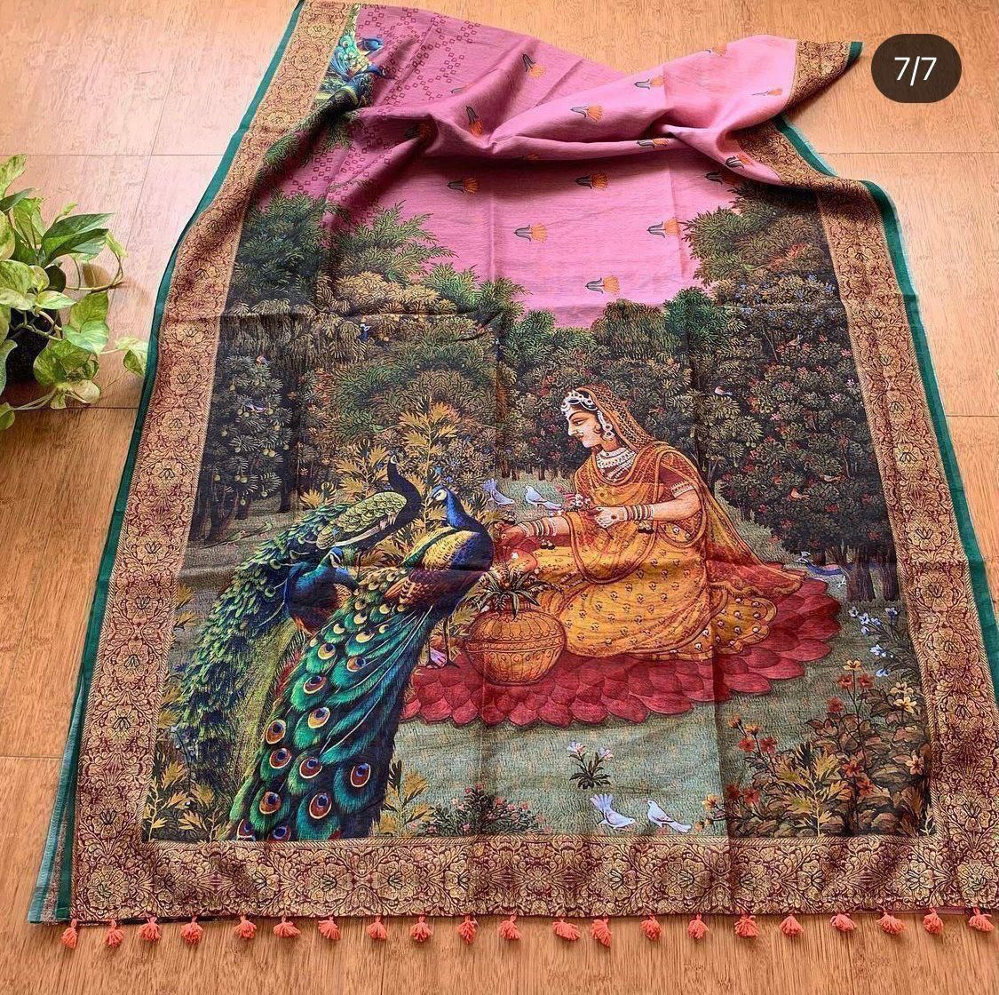 Linen Digital Kalamkari Print Saree