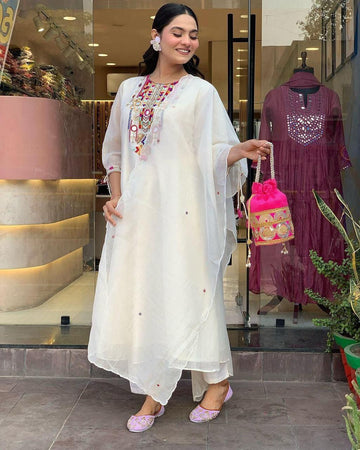 Premium Chanderi White Suit Set