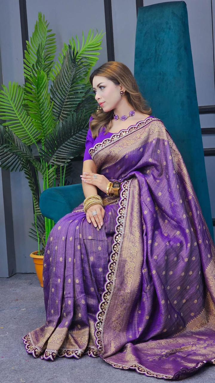 Pure Soft Banarasi Tissue Zari Crushed Silk Weaving Saree