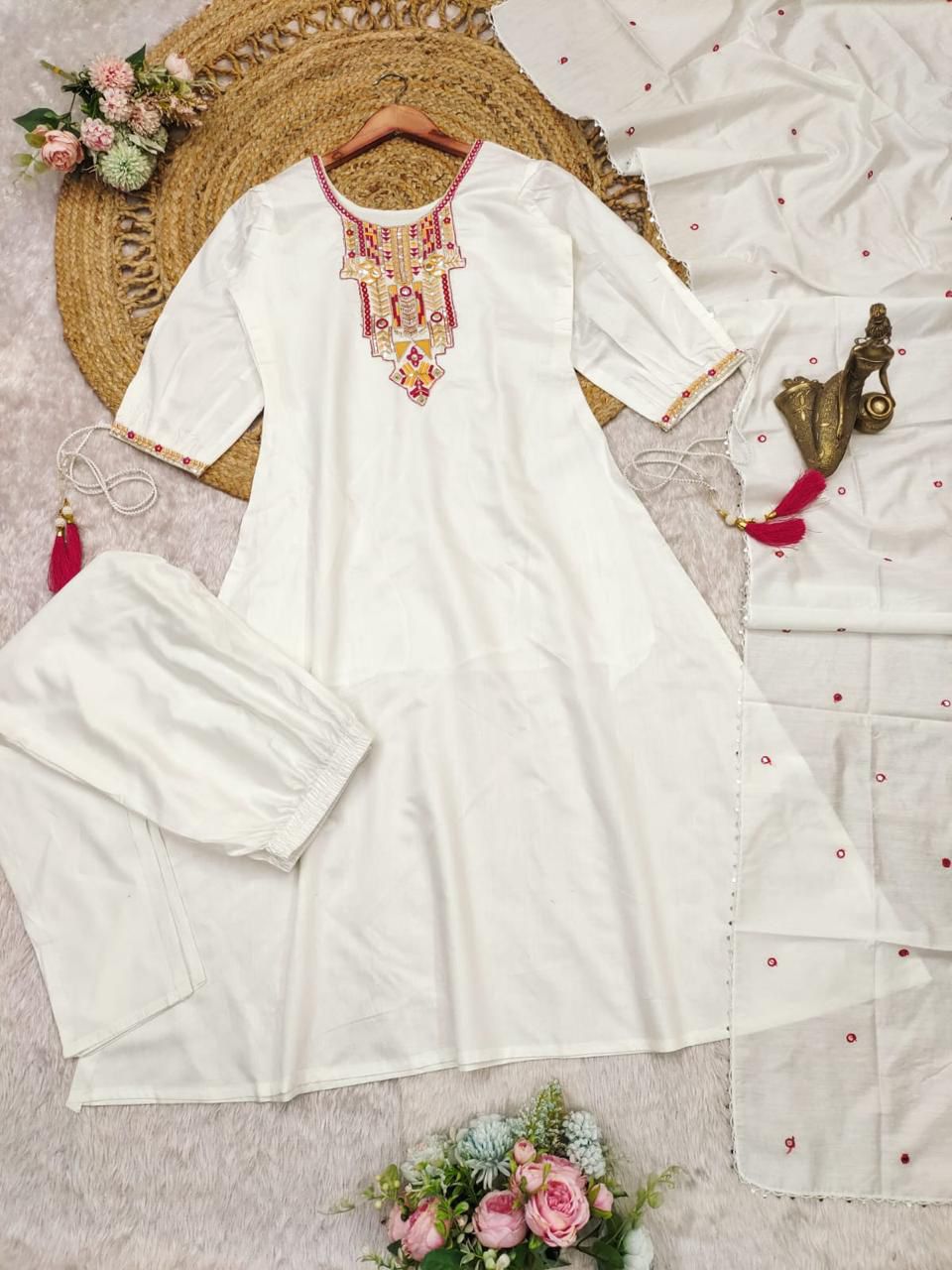 Premium Chanderi White Suit Set