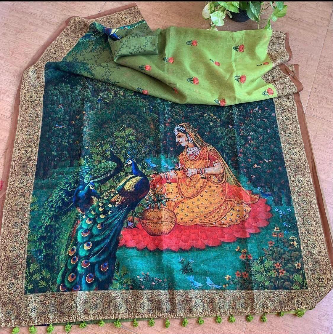 Linen Digital Kalamkari Print Saree