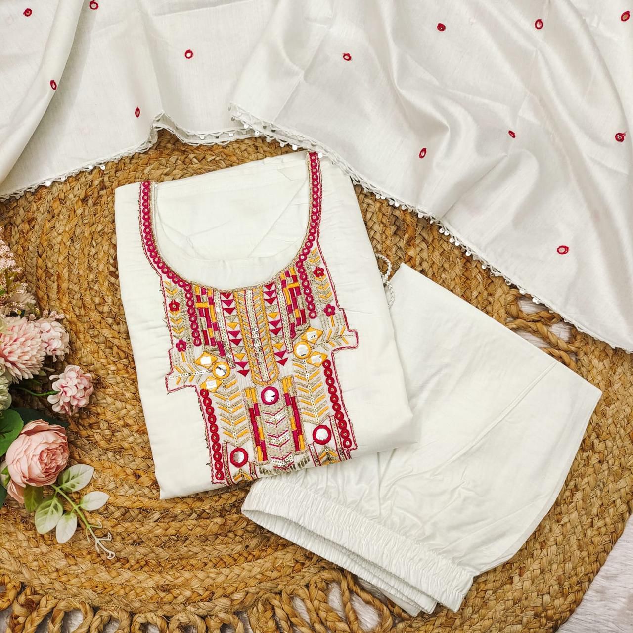 Premium Chanderi White Suit Set