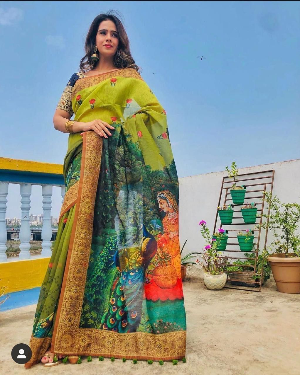 Linen Digital Kalamkari Print Saree