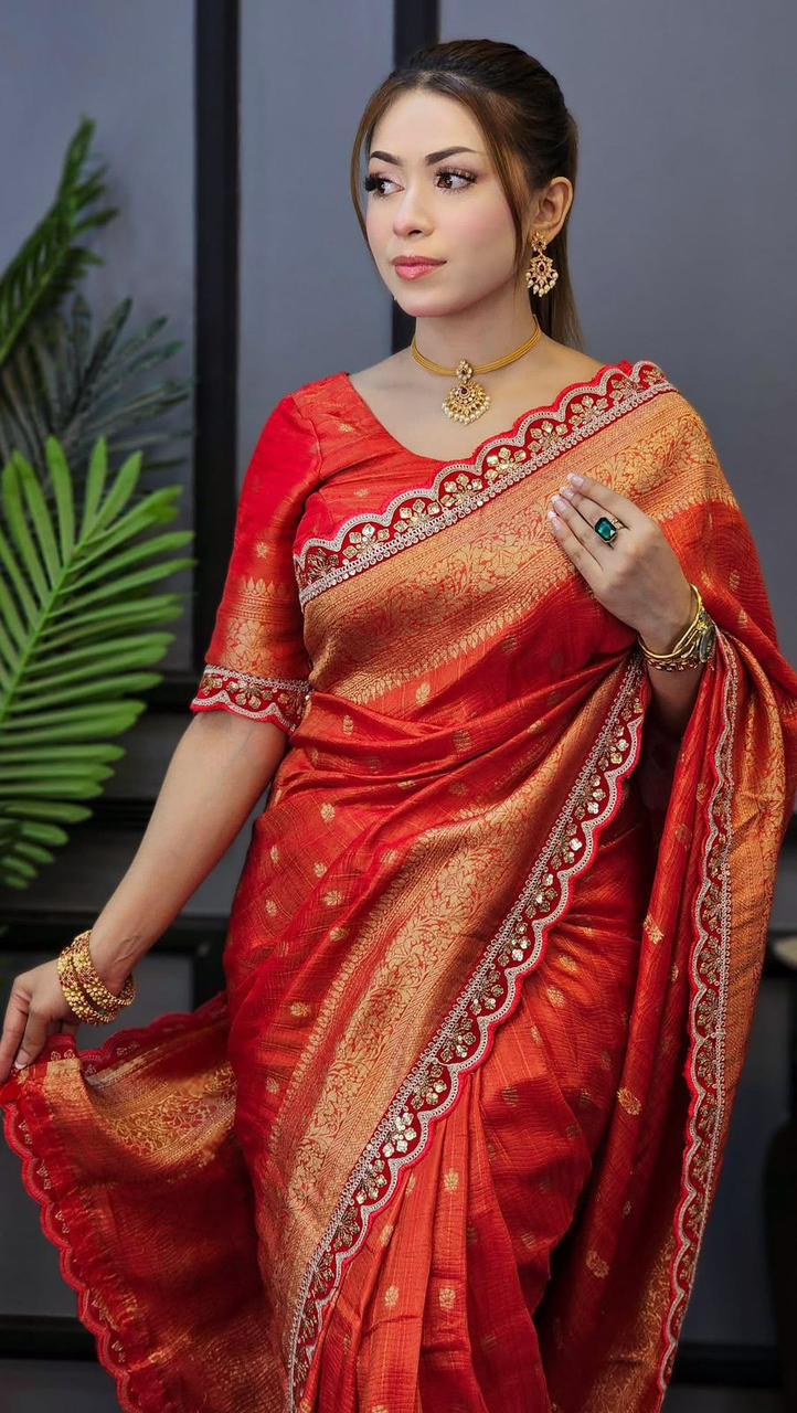 Pure Soft Banarasi Tissue Zari Crushed Silk Weaving Saree