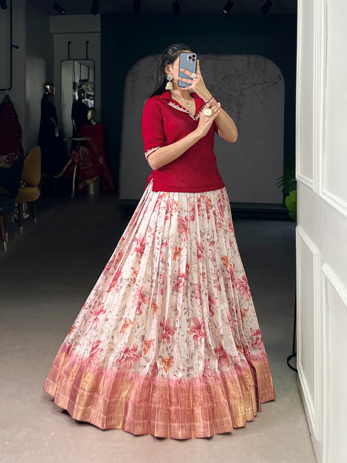 Dola Chex Floral Printed With Zari Weaving Work Co-ord Set Lehenga