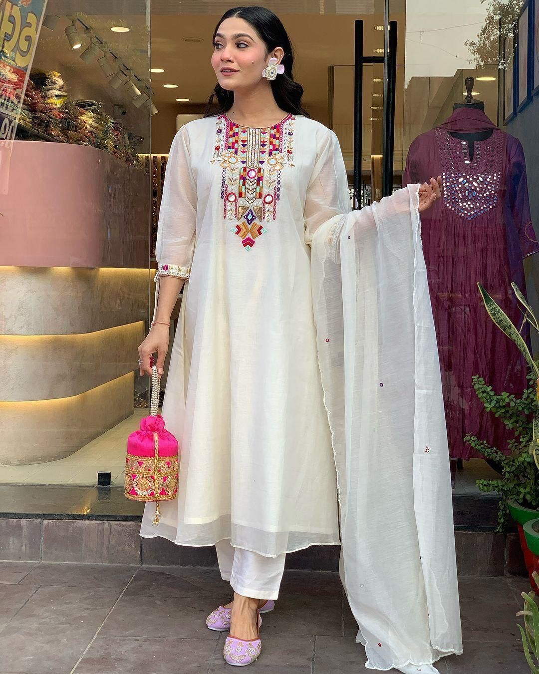 Premium Chanderi White Suit Set