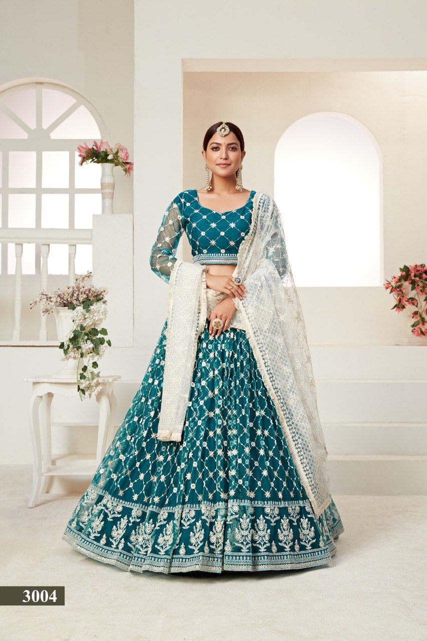 Teal Green Net Multi and Sequence Work Butterfly Net Lehenga Choli