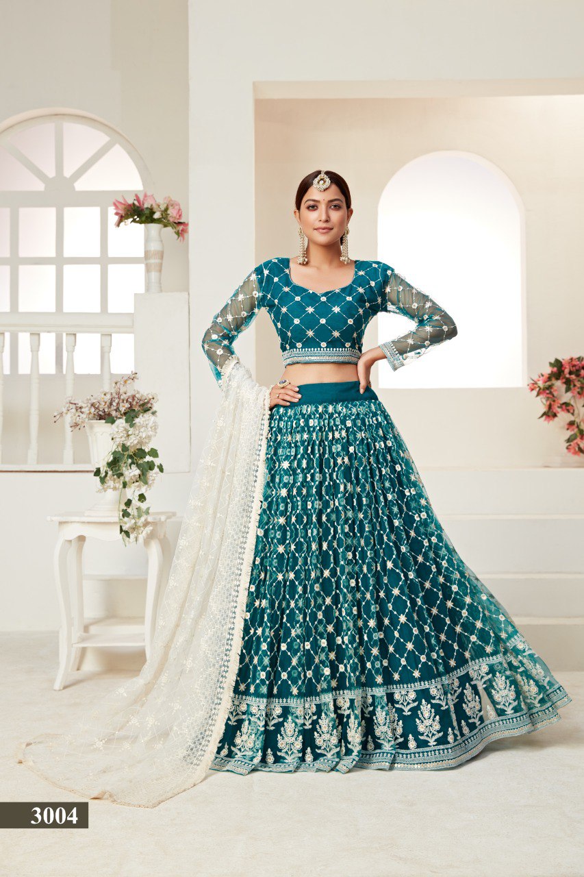 Teal Green Net Multi and Sequence Work Butterfly Net Lehenga Choli