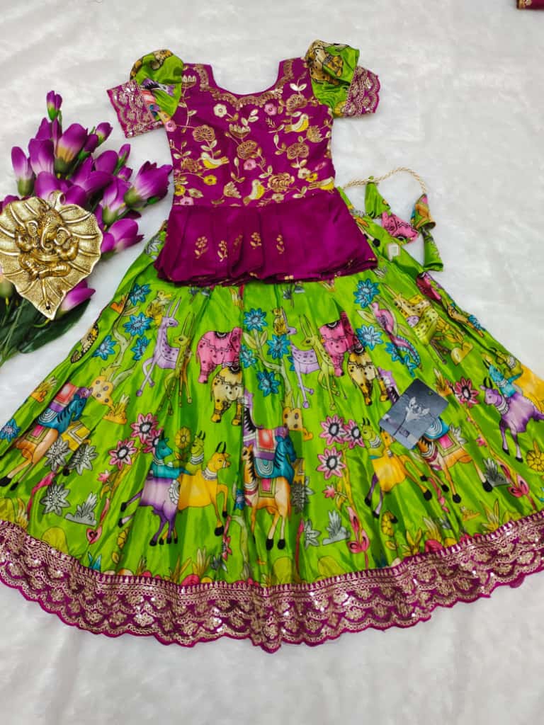 Pure Heavy Chinnon Silk Kids Crop Top - Lehenga