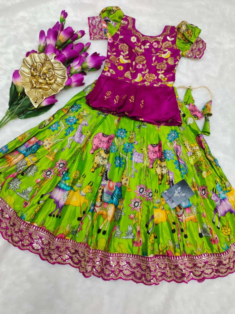Pure Heavy Chinnon Silk Kids Crop Top - Lehenga