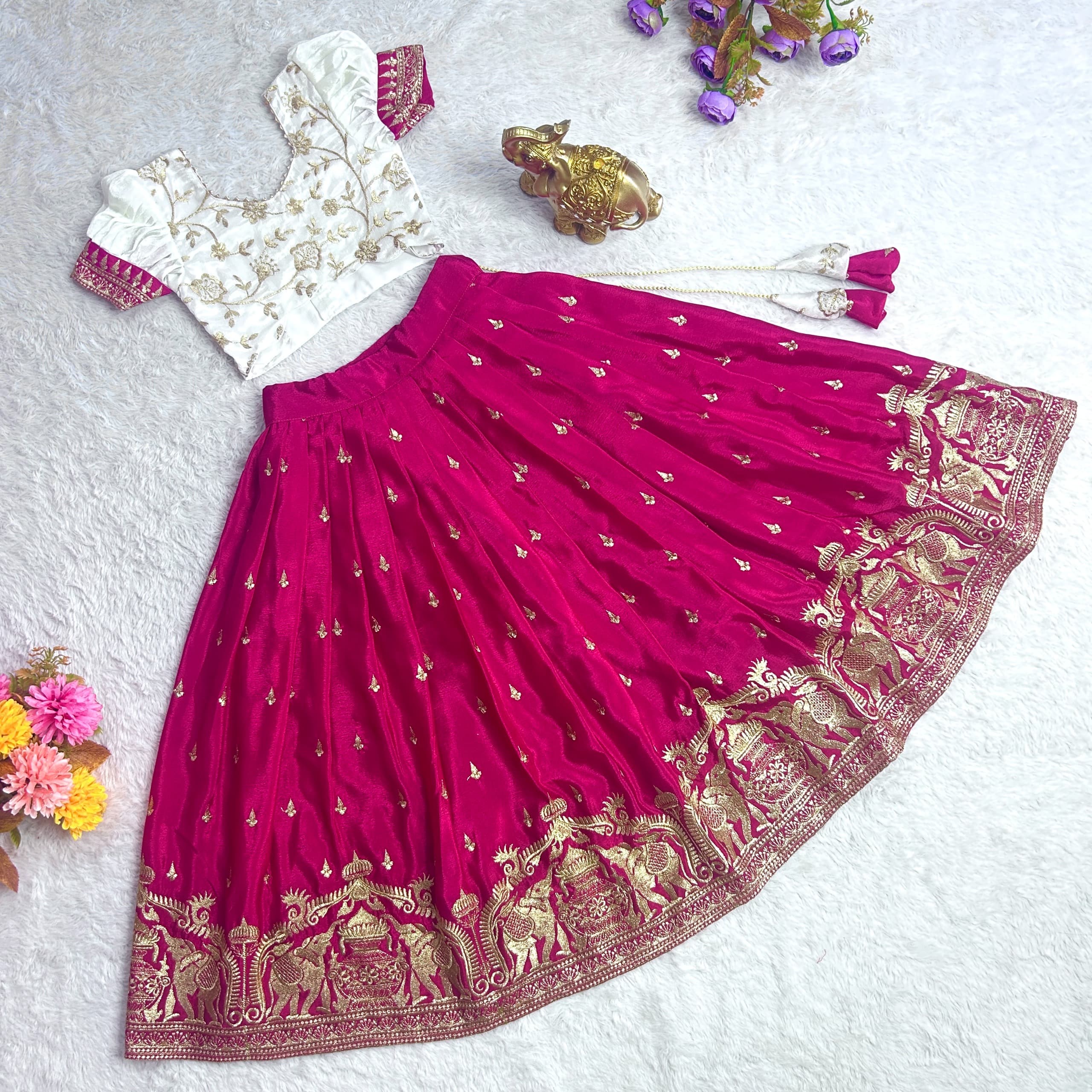 Soft Chinnon Elephant Embroidery Work Lehenga