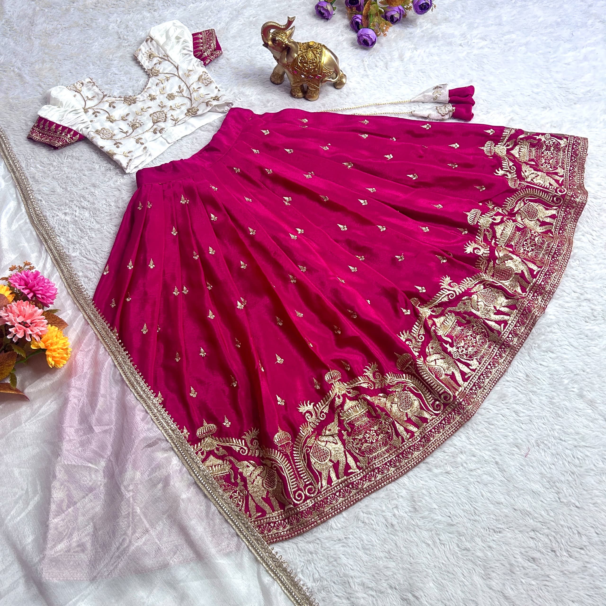 Soft Chinnon Elephant Embroidery Work Lehenga