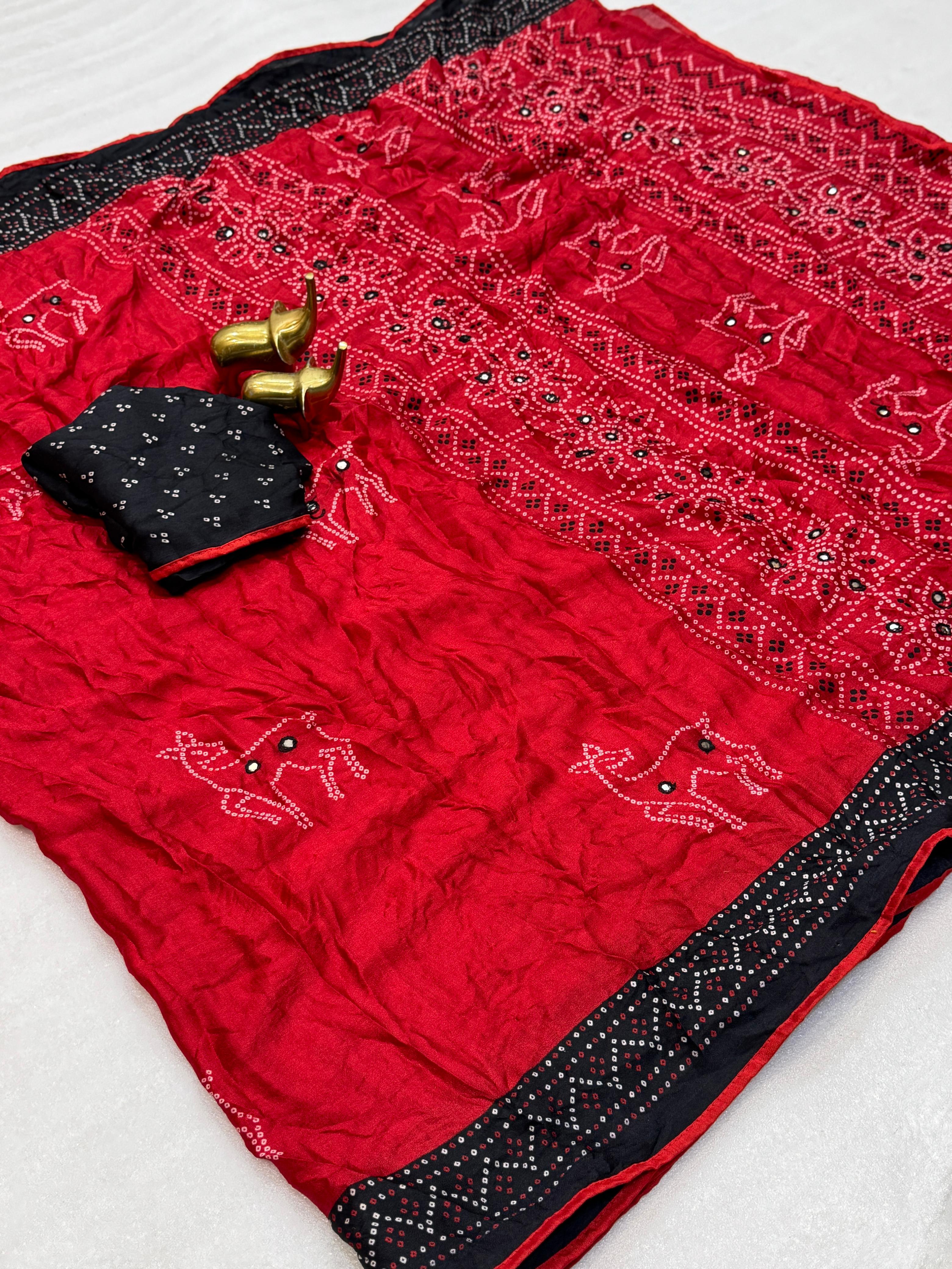 Bandhani Print Saree with Mirror Work