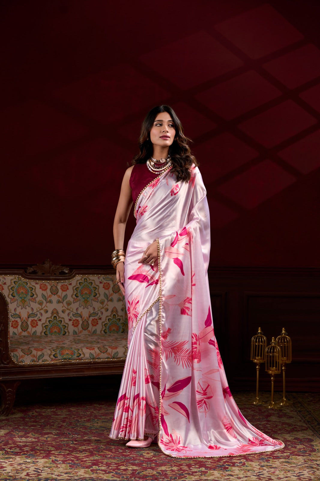 Pearl-Edged Floral Satin Saree