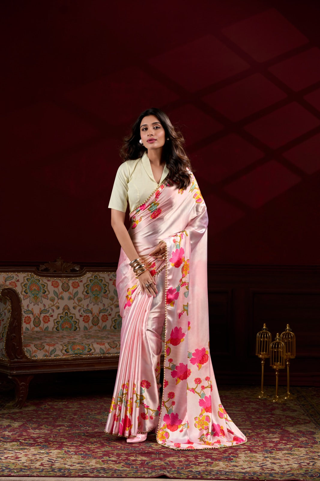 Pearl-Edged Floral Satin Saree