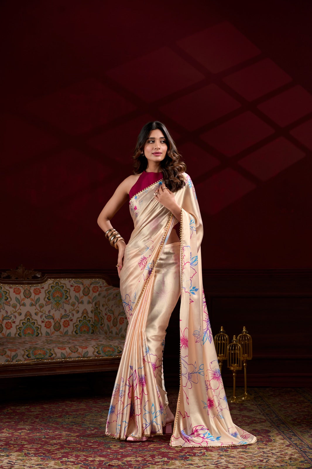 Pearl-Edged Floral Satin Saree