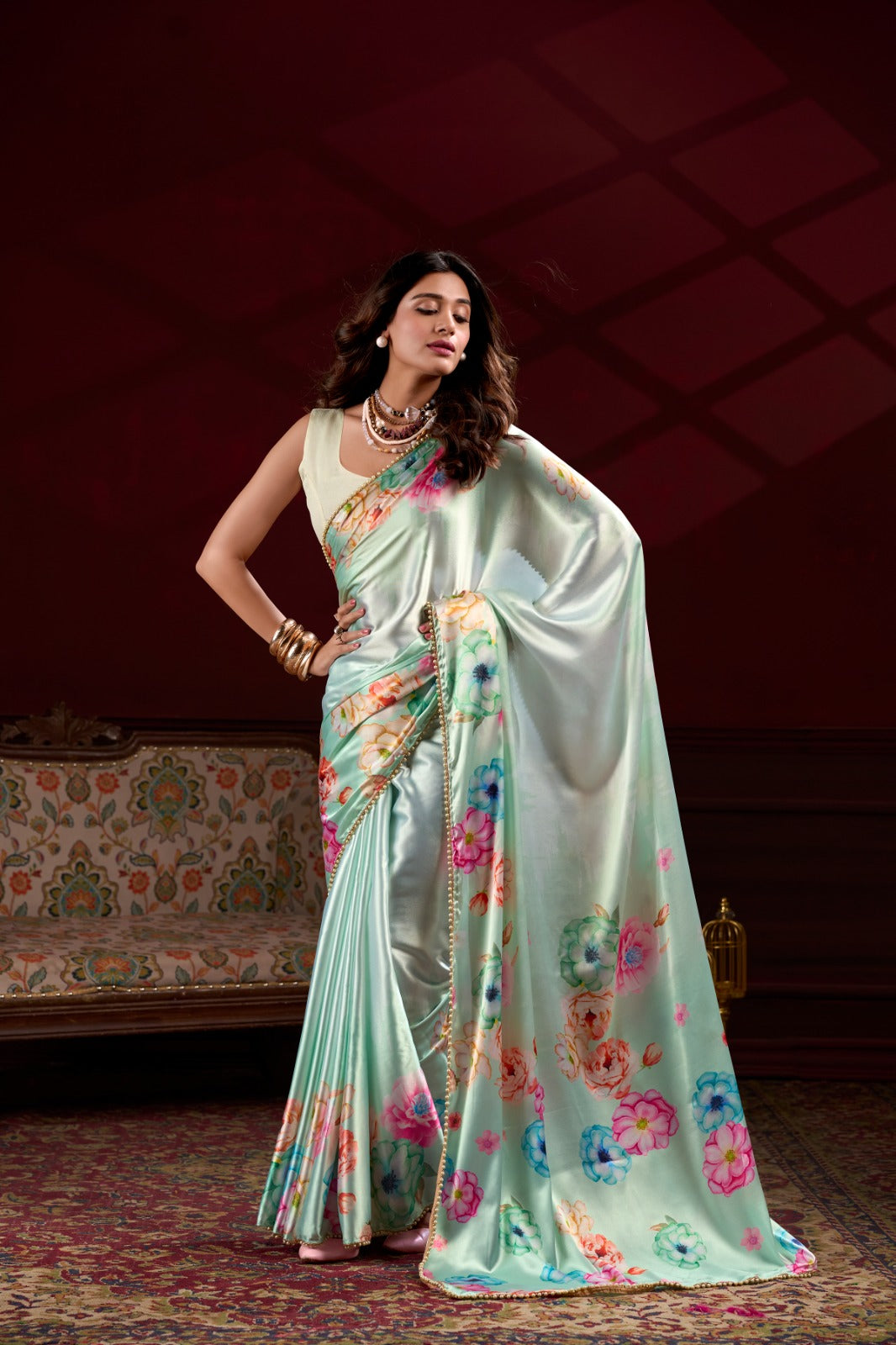 Pearl-Edged Floral Satin Saree