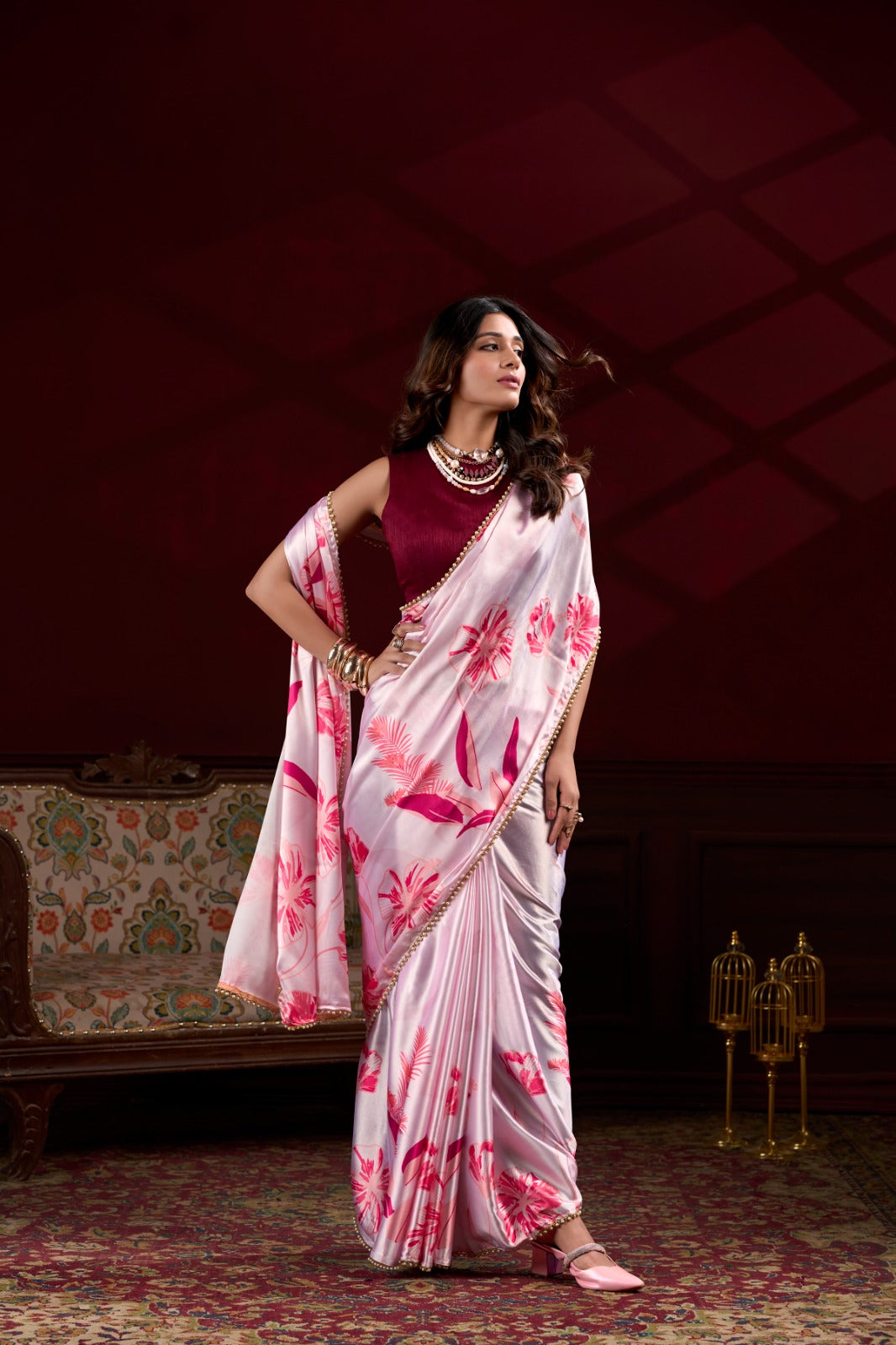 Pearl-Edged Floral Satin Saree