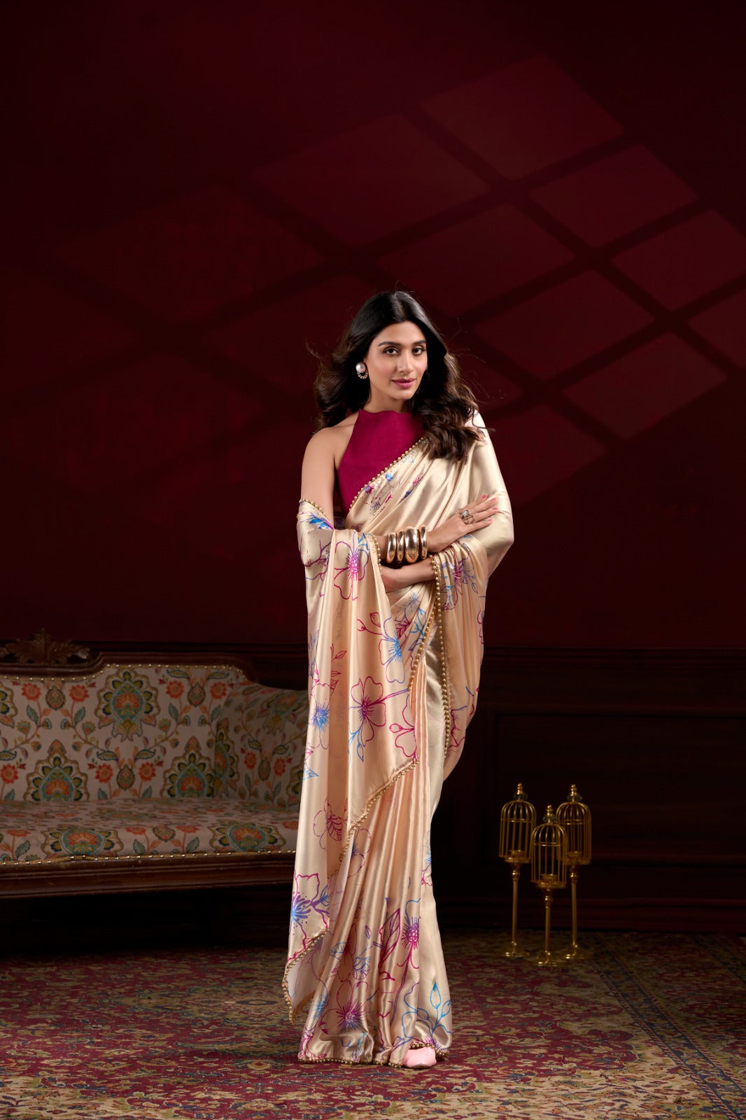 Pearl-Edged Floral Satin Saree