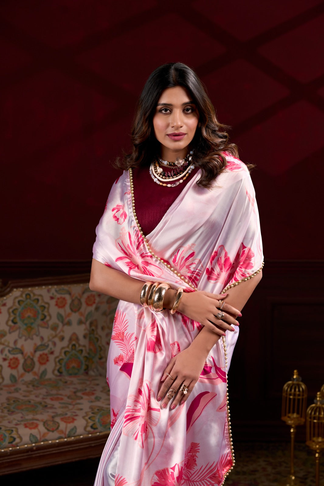 Pearl-Edged Floral Satin Saree