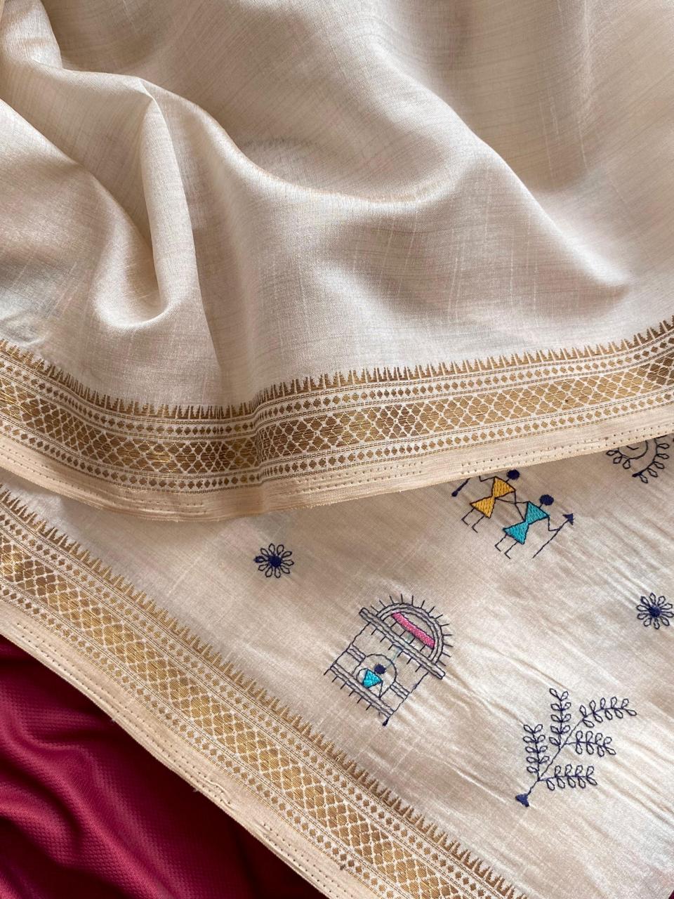 Pure Loom Tussar Saree (WORLI Embroidery)