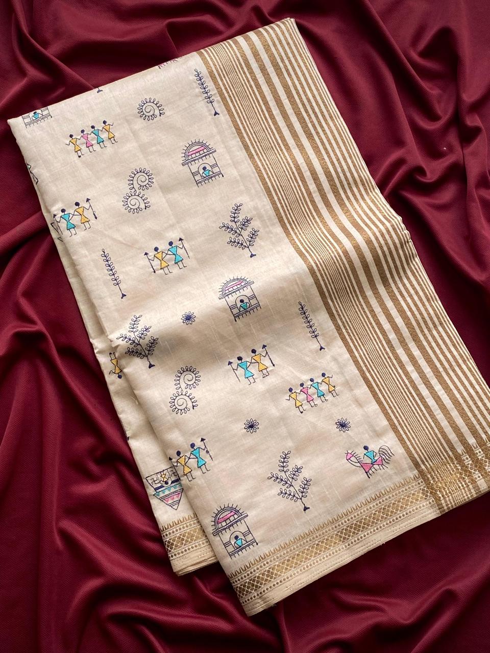 Pure Loom Tussar Saree (WORLI Embroidery)