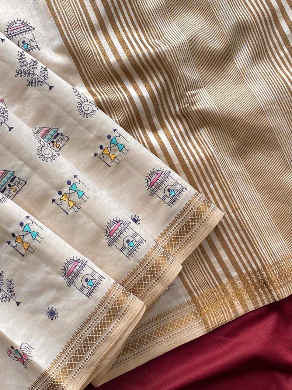 Pure Loom Tussar Saree (WORLI Embroidery)