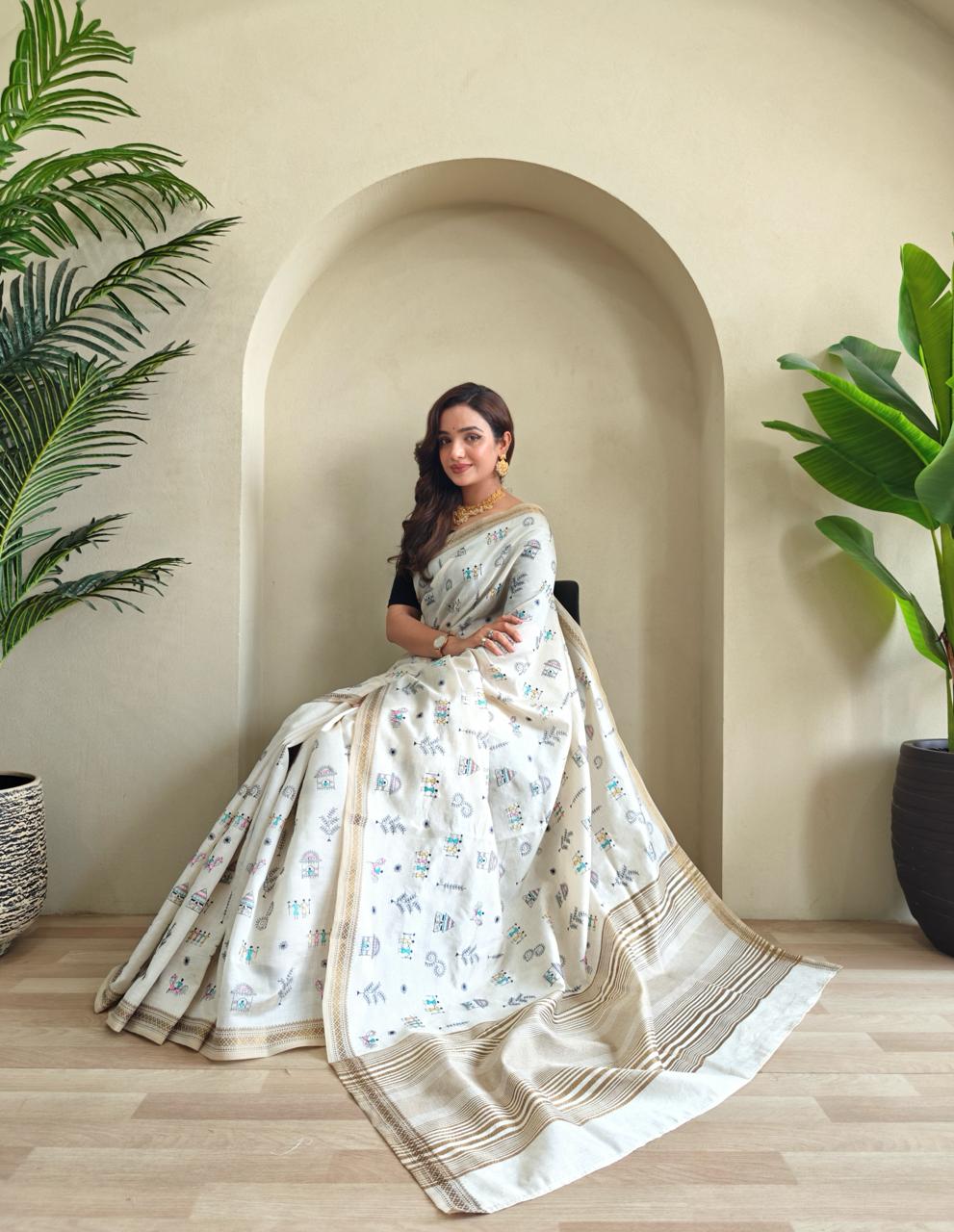 Pure Loom Tussar Saree (WORLI Embroidery)