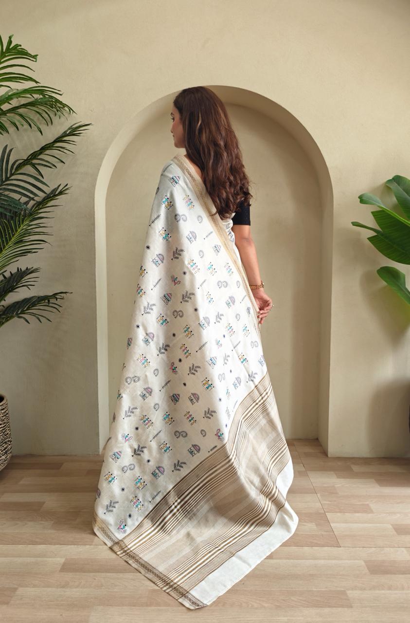 Pure Loom Tussar Saree (WORLI Embroidery)