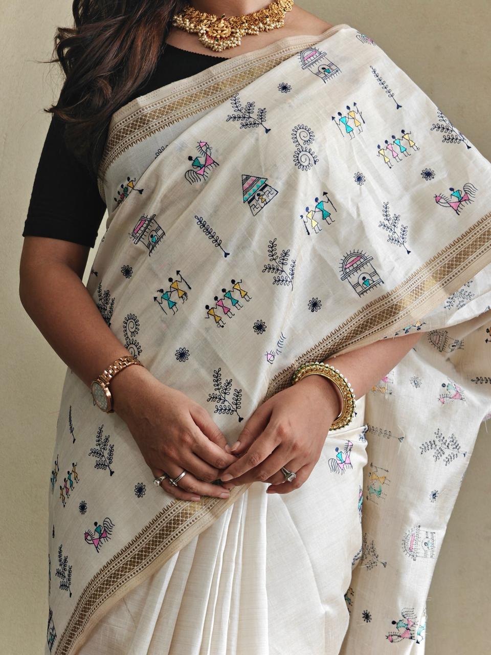 Pure Loom Tussar Saree (WORLI Embroidery)
