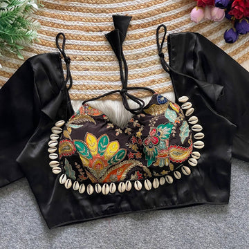 Heavy position print embroidered work with handwork of real shells