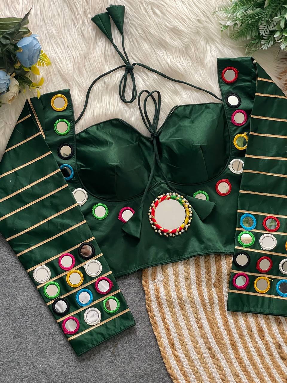 Pure satin silk blouse with mirror work