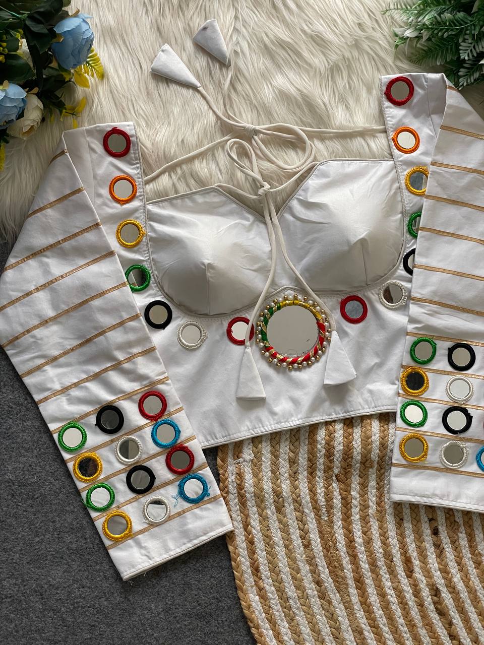 Pure satin silk blouse with mirror work