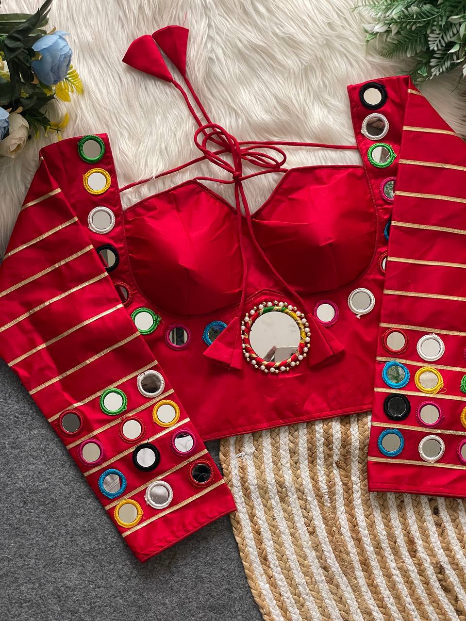 Pure satin silk blouse with mirror work