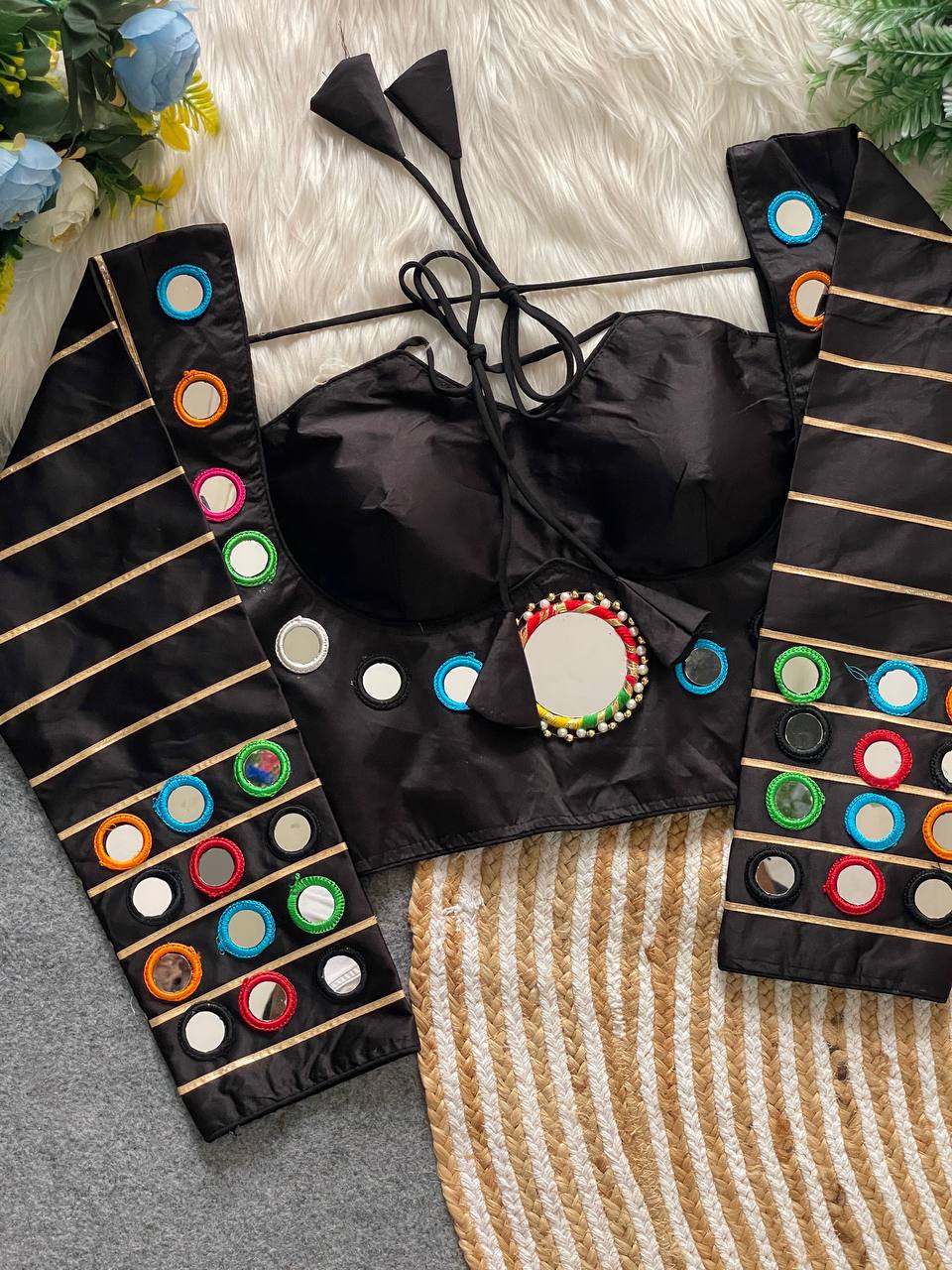 Pure satin silk blouse with mirror work