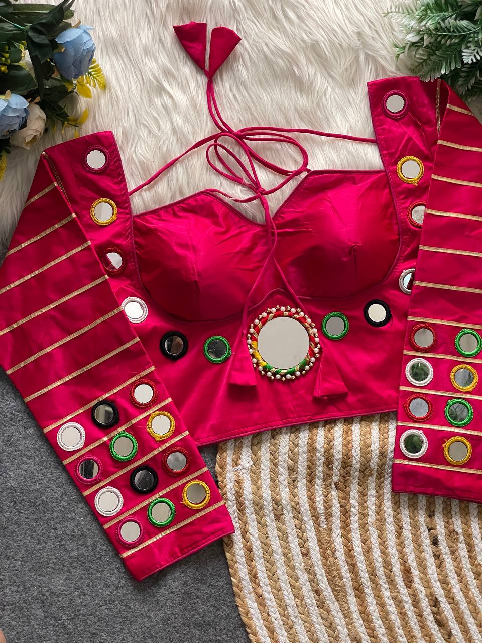 Pure satin silk blouse with mirror work