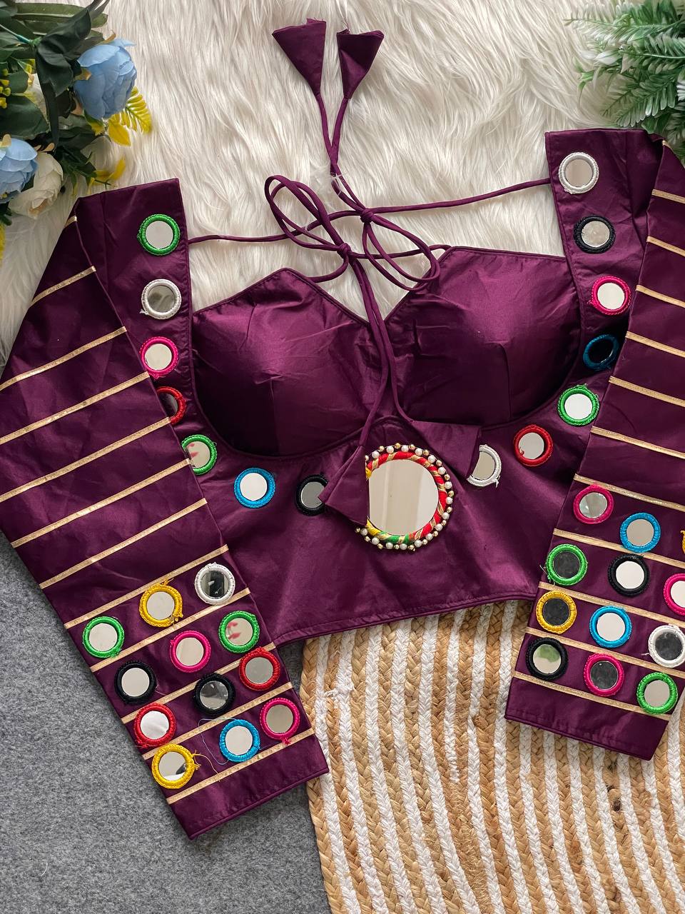 Pure satin silk blouse with mirror work