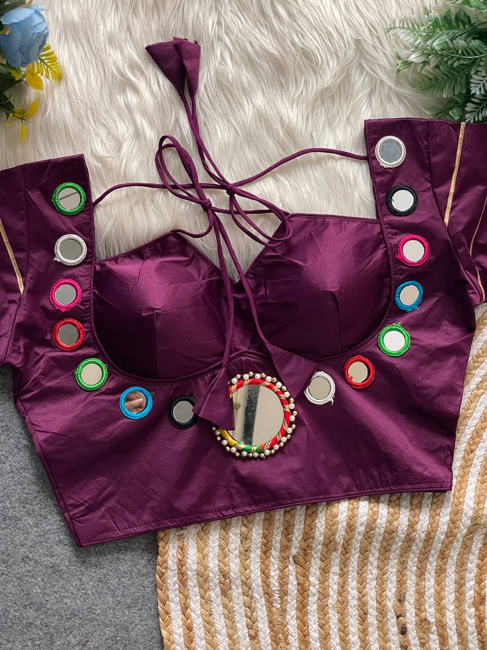 Pure satin silk blouse with mirror work