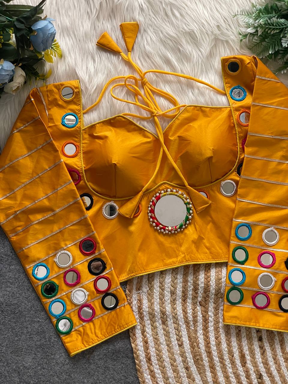 Pure satin silk blouse with mirror work