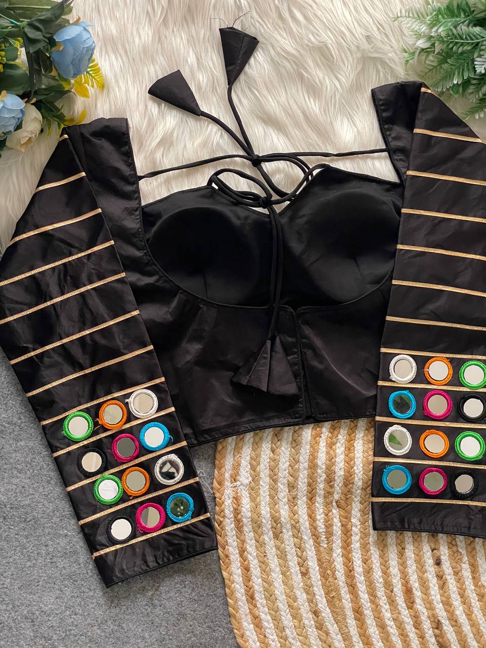 Pure satin silk blouse with mirror work