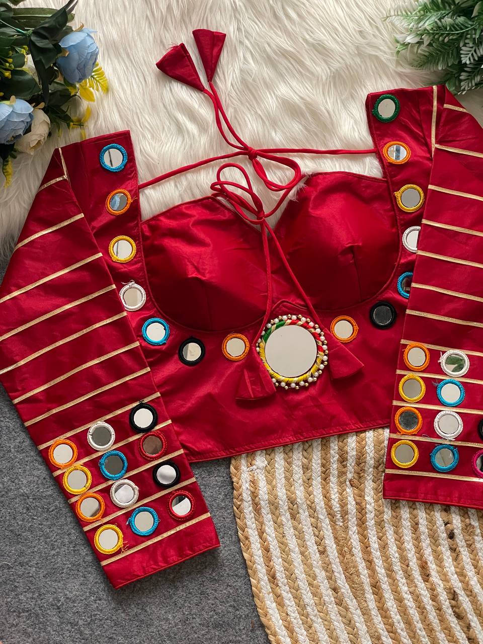 Pure satin silk blouse with mirror work