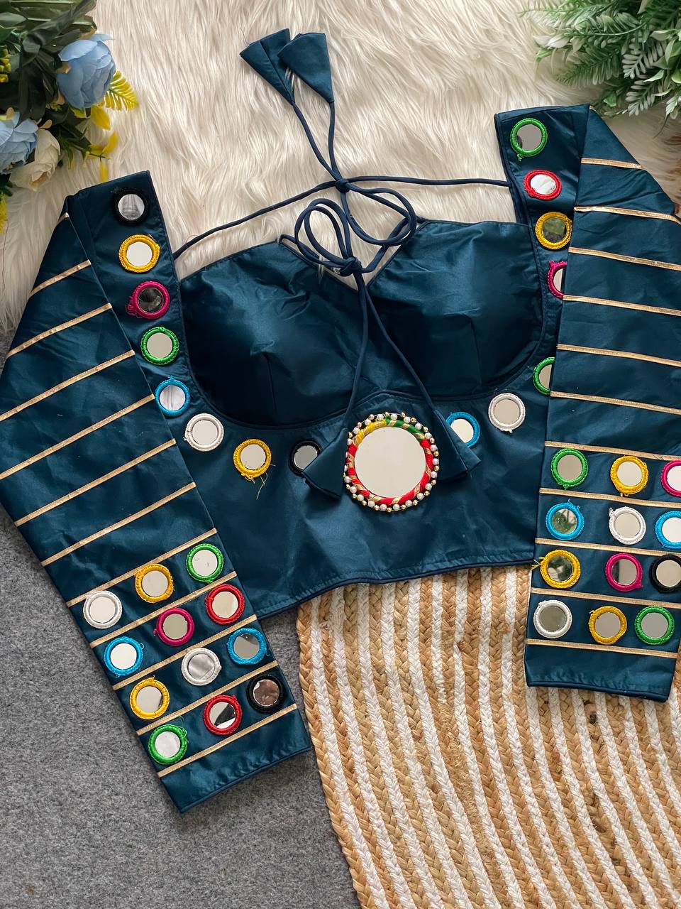 Pure satin silk blouse with mirror work