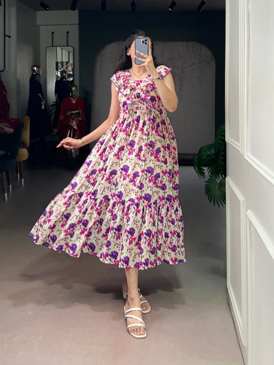 Floral print & silk texture western frock