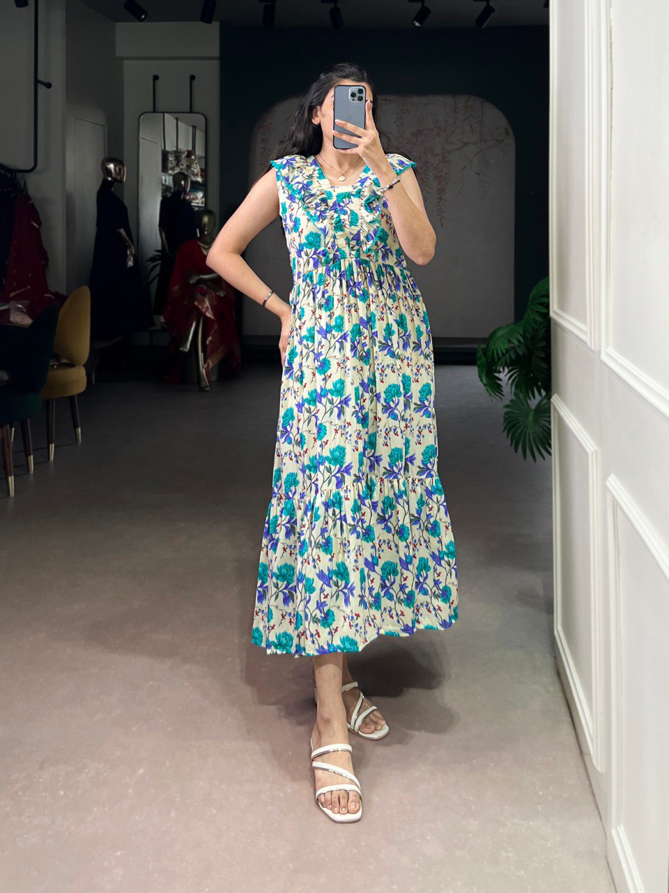 Floral print & silk texture western frock