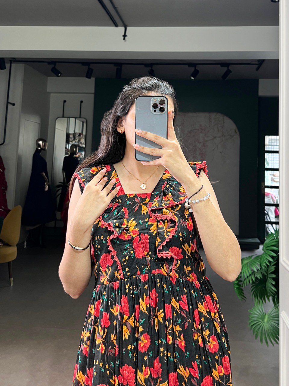 Floral print & silk texture western frock