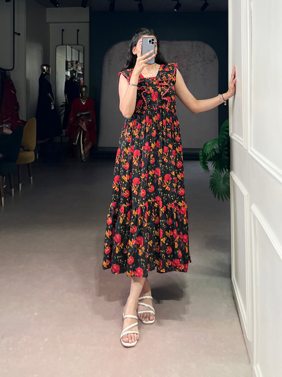 Floral print & silk texture western frock