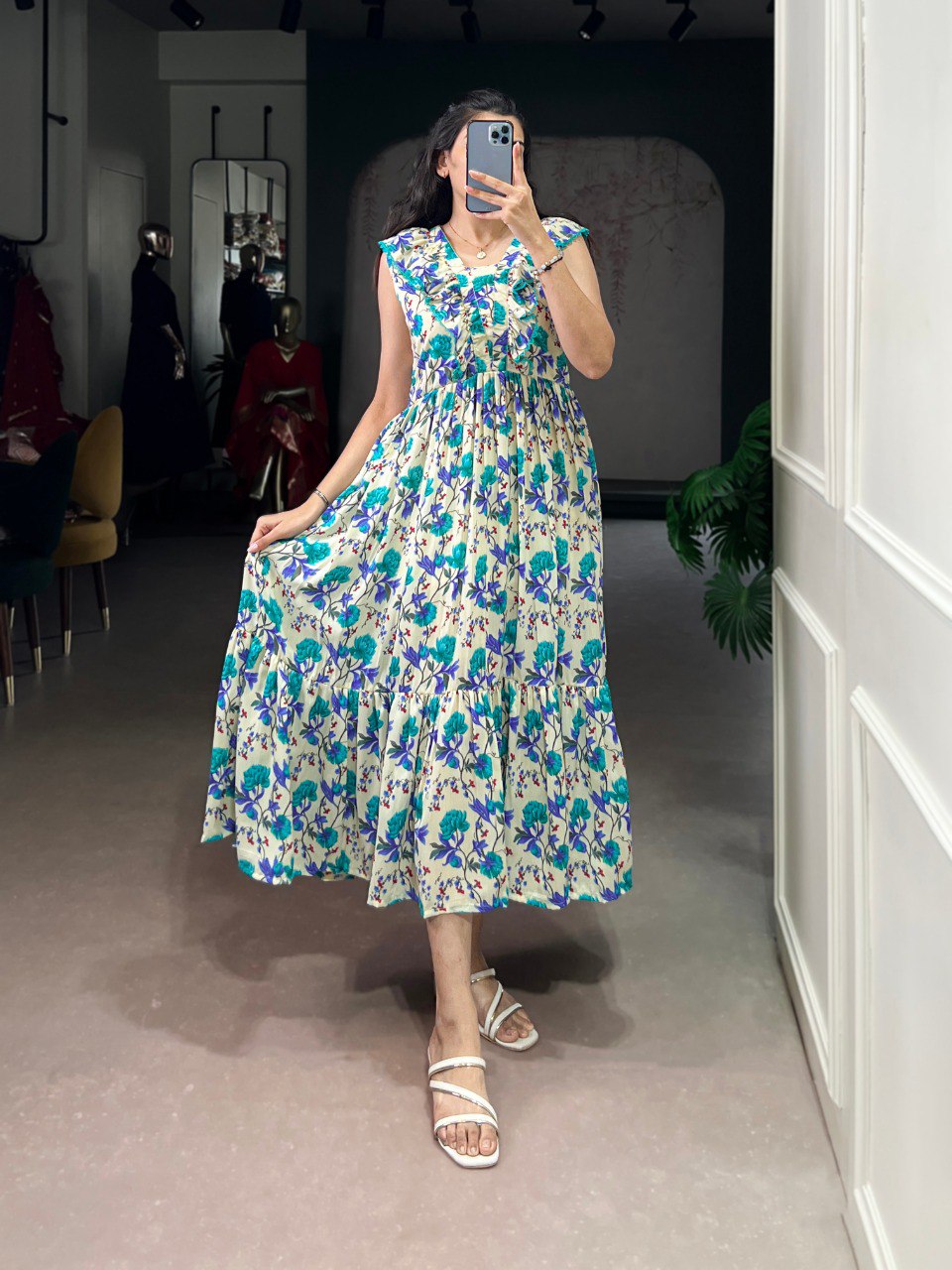 Floral print & silk texture western frock