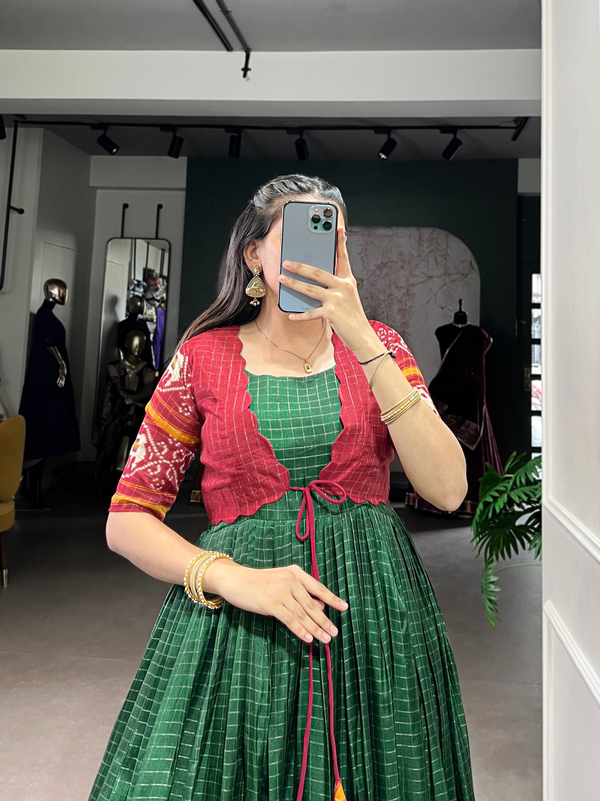 Tasar chex gown with patola print