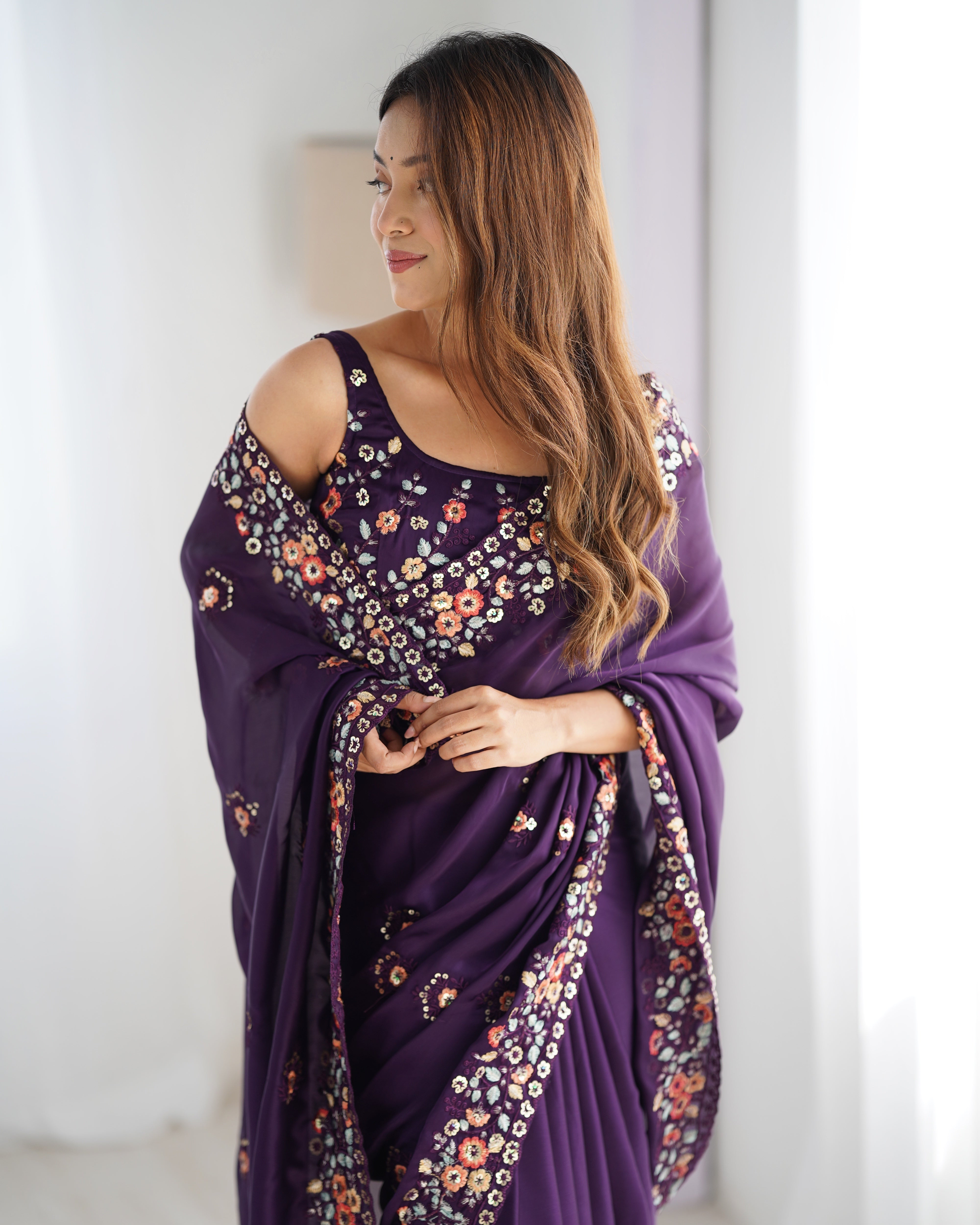 Regal Purple Satin Chiffon Festive Saree